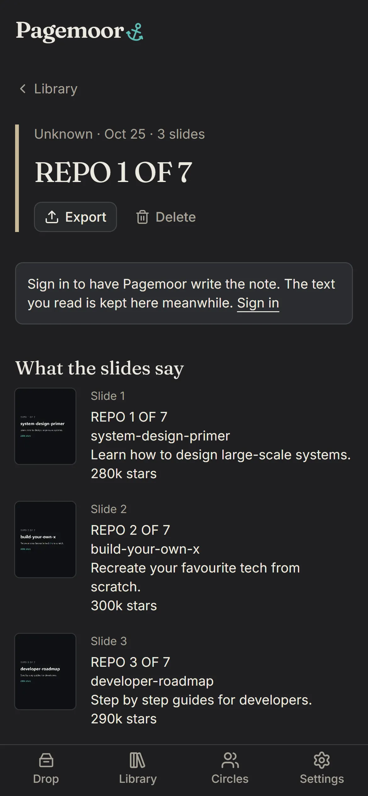 A Pagemoor note with the text of each slide listed under What the slides say
