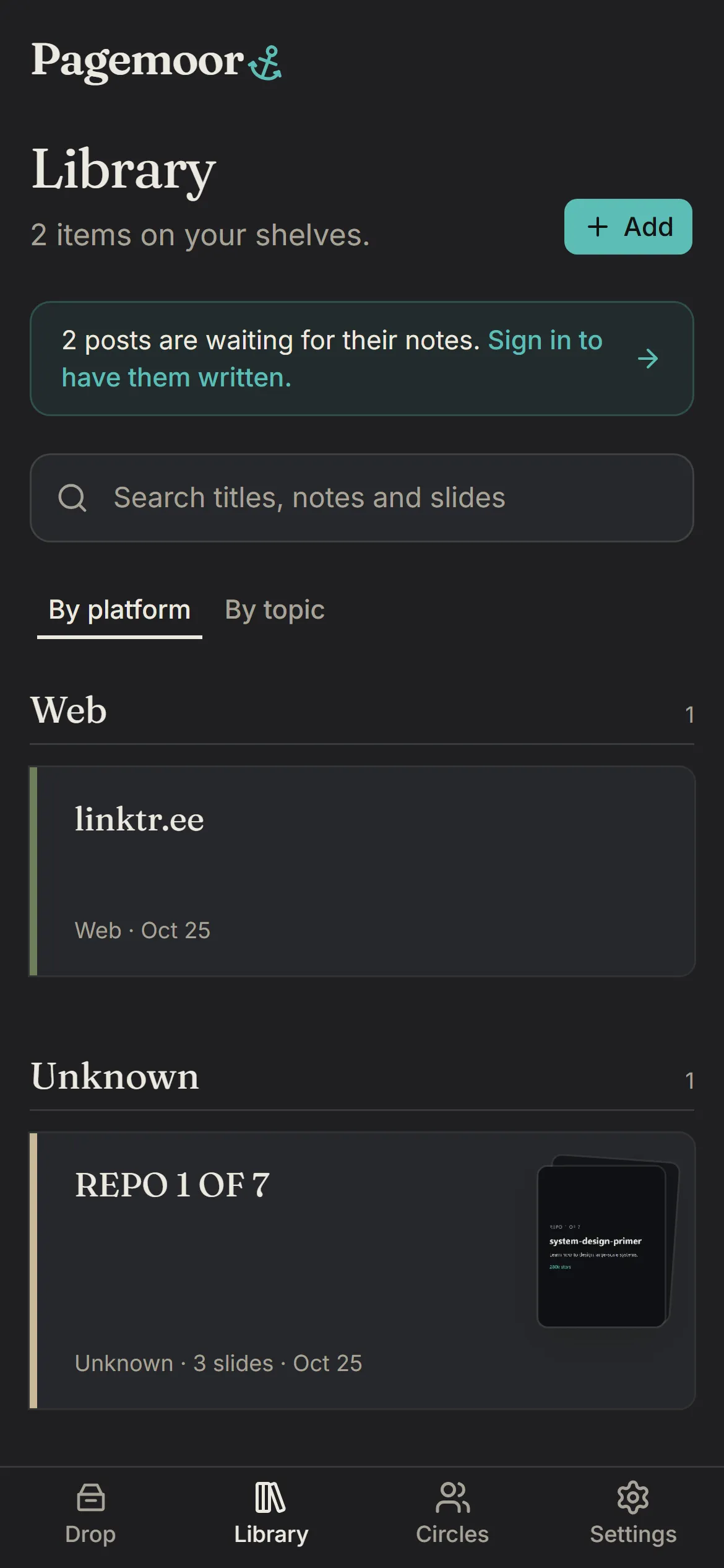 Pagemoor's library on a phone: two shelves, Web and Unknown, each with a filed note card