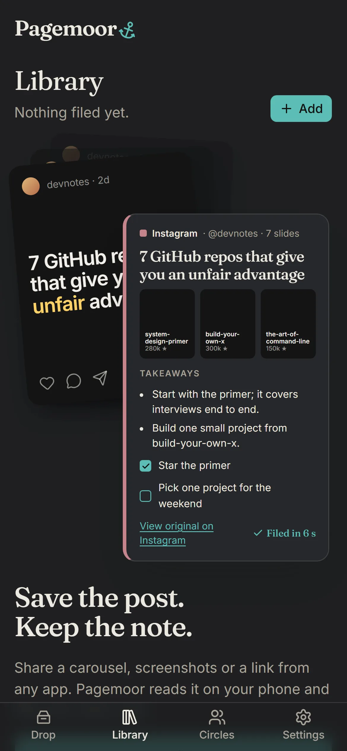 Pagemoor's first screen on a phone: an example post turning into a note card
